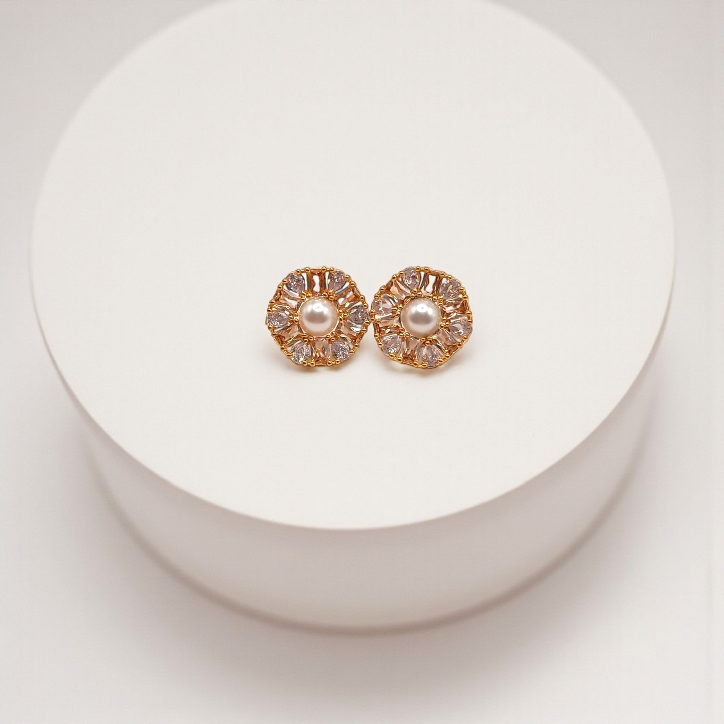 Elegant Pearl Center Studs with Crystal Halo