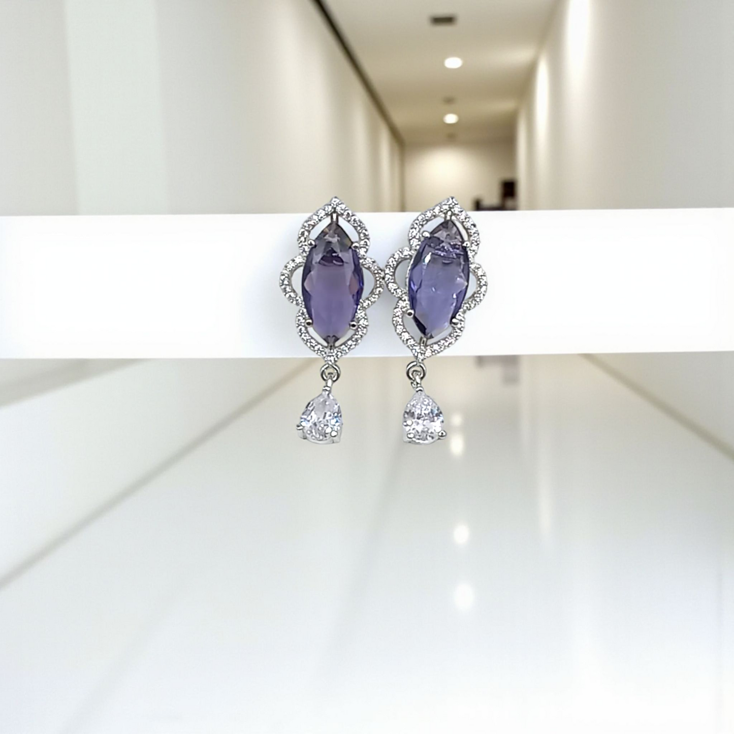 Bottle Green Stone And Lavender Marquise Stone Drop Earrings with Crystal Halo