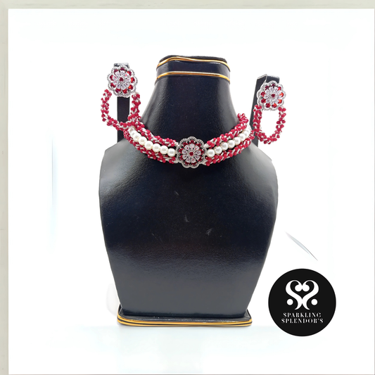 "Ruby Bloom Pearl Chokar – Handmade Elegance"