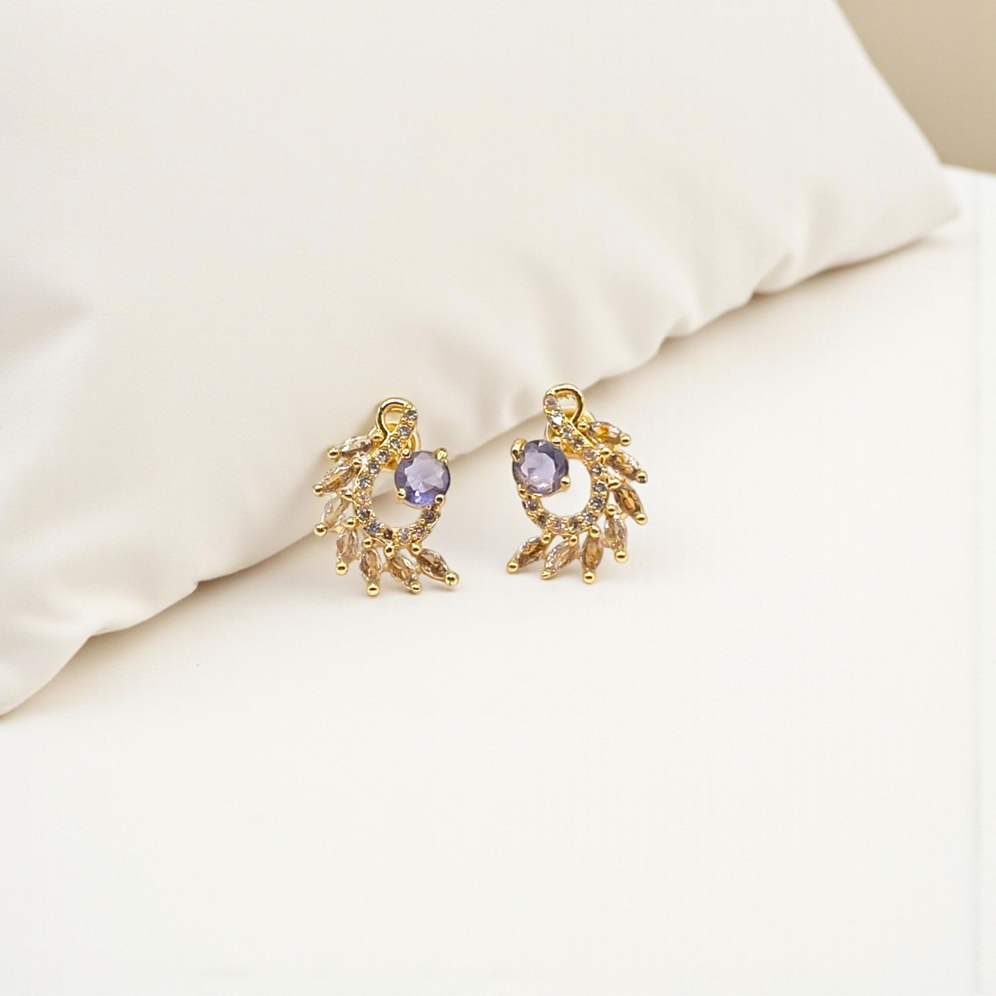 Gold Plated Leaf Wreath Earrings with Purple And Blue Stone Center