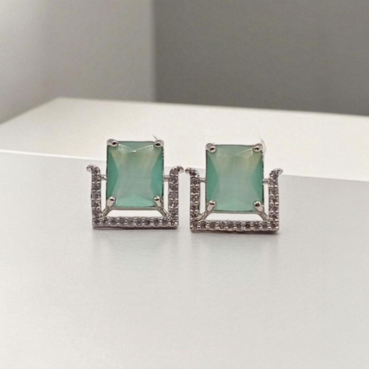 Emerald Glow Rectangular Stud Earrings