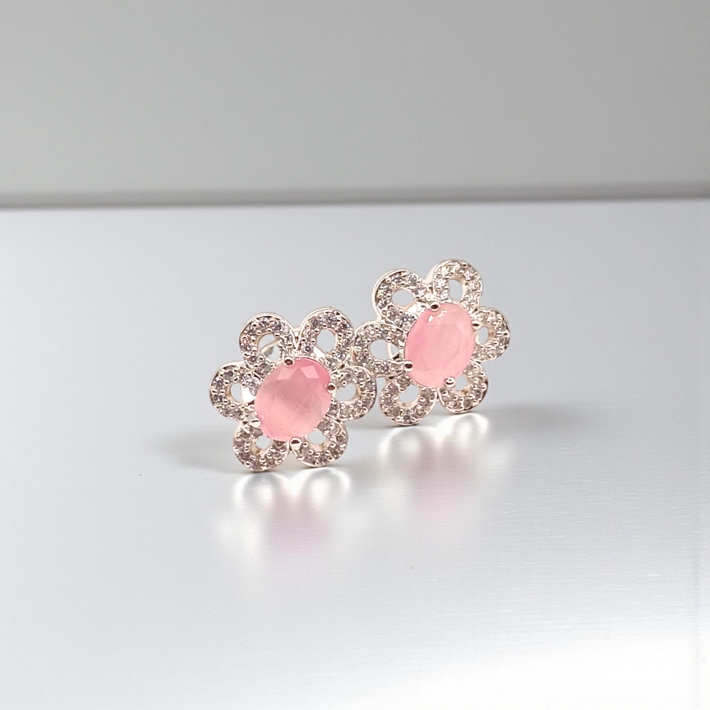 Delicate Pink Stone Floral Stud Earrings