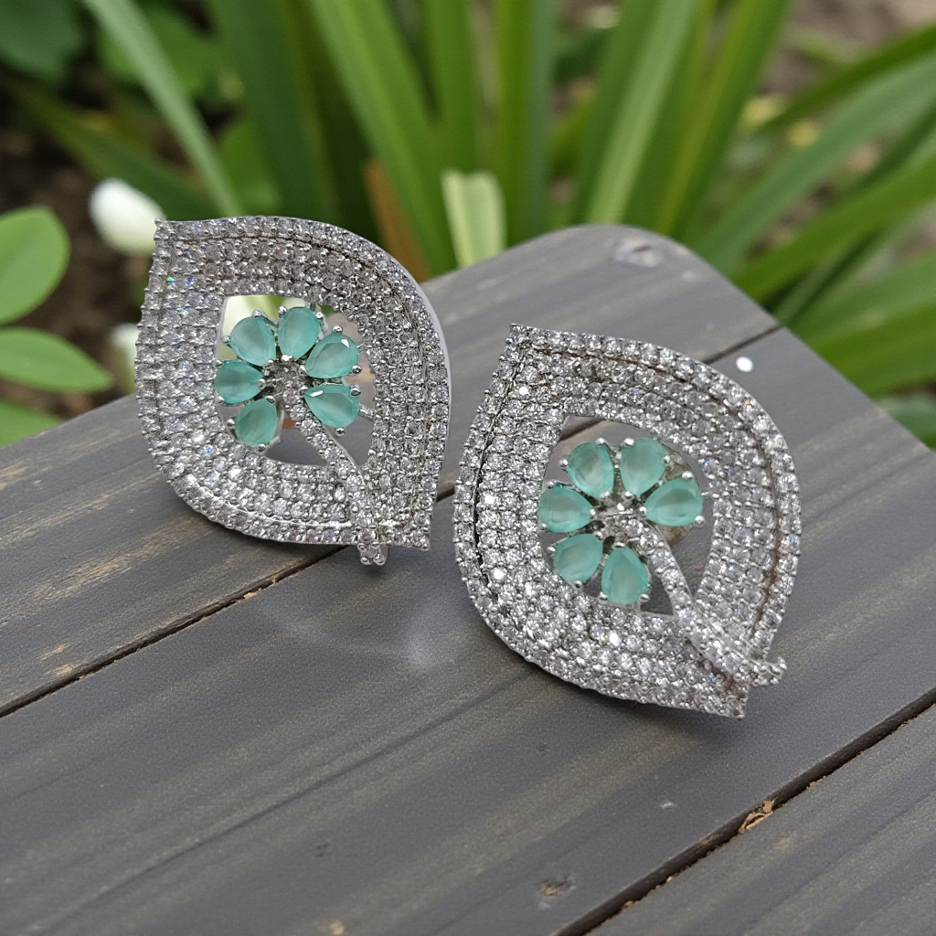 Silver Crystal Leaf Stud Earrings with Sapphire Blue Floral Center