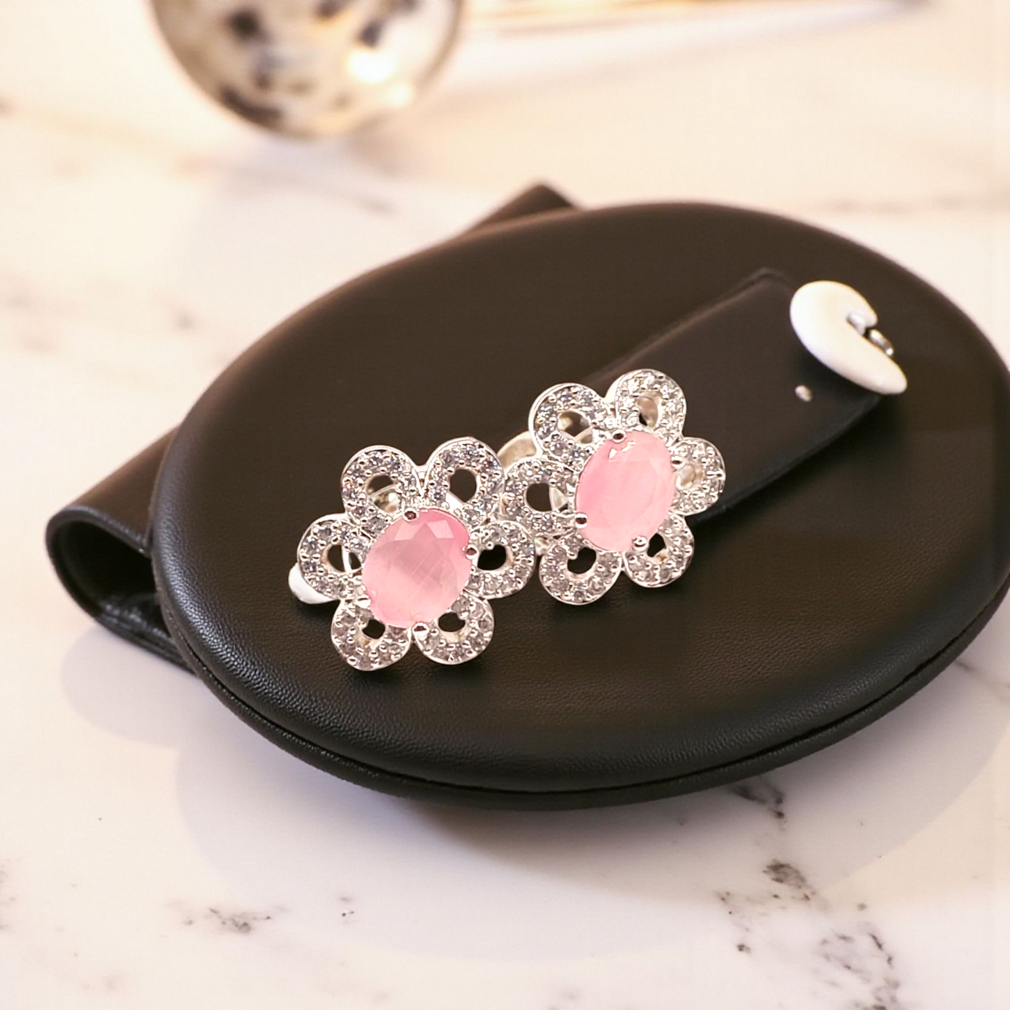 Delicate Pink Stone Floral Stud Earrings