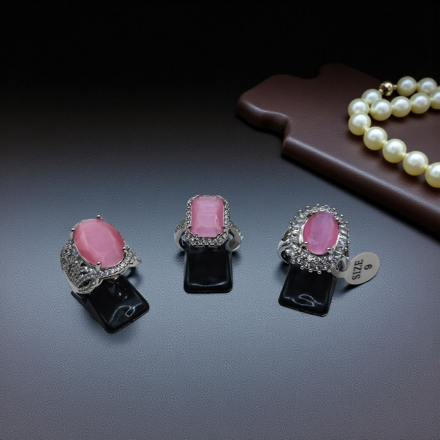 Emerald-Cut Pink Halo Statement Rings