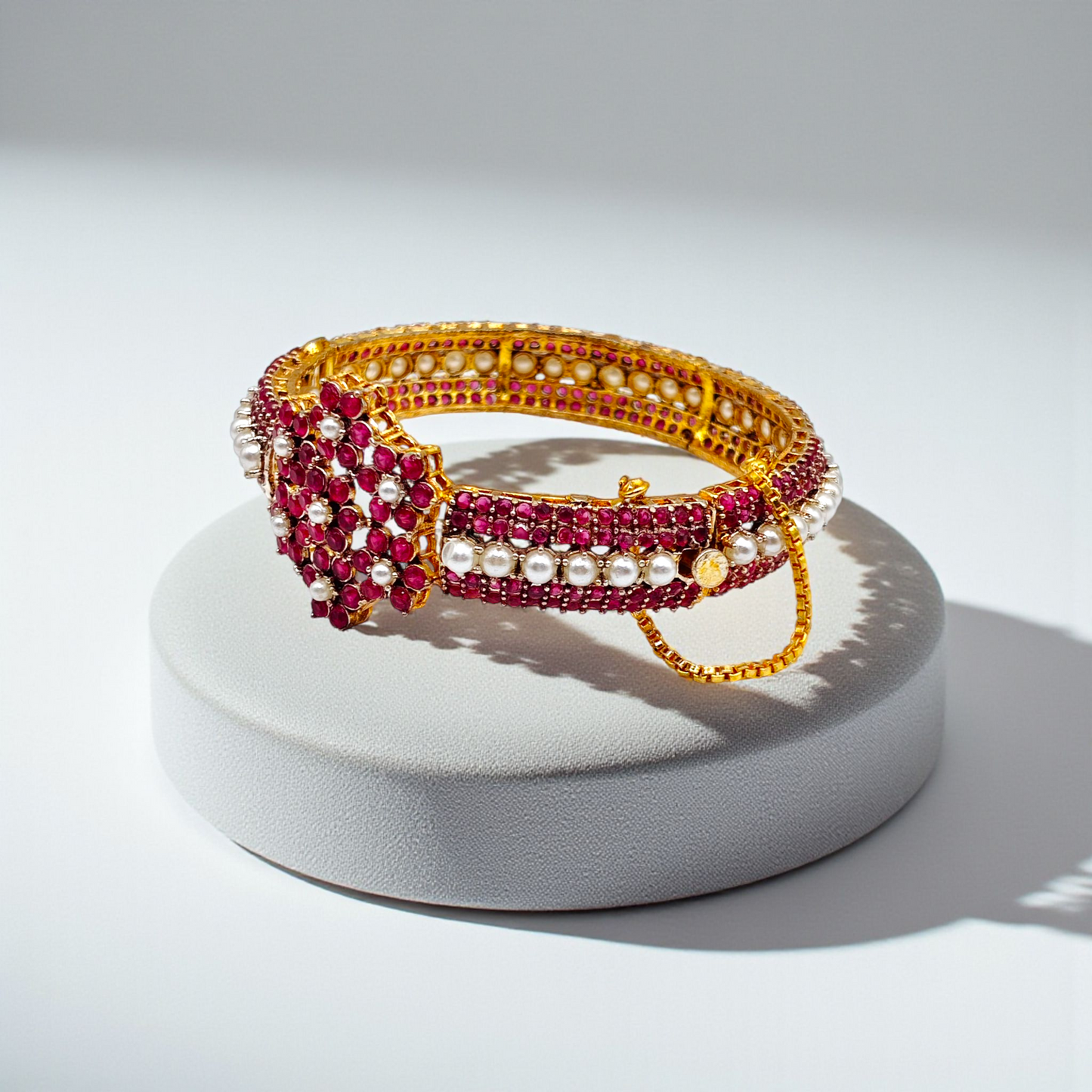 Elegant Stone & Pearl Bracelet – Premium Crystal Bangle (Green/Red/Purple)