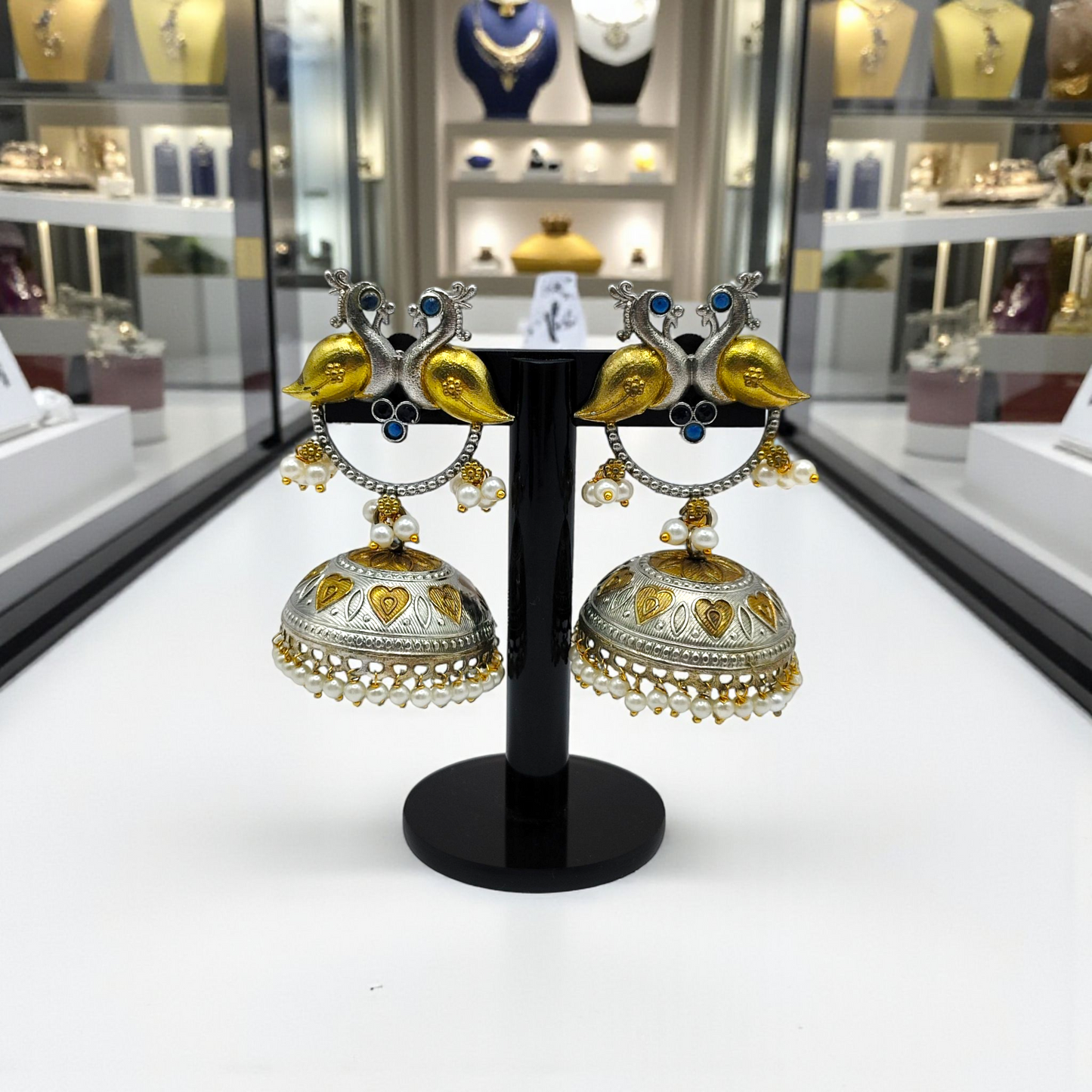 Dual-Tone Peacock Dome Jhumka Earrings – Traditional Heritage Collection