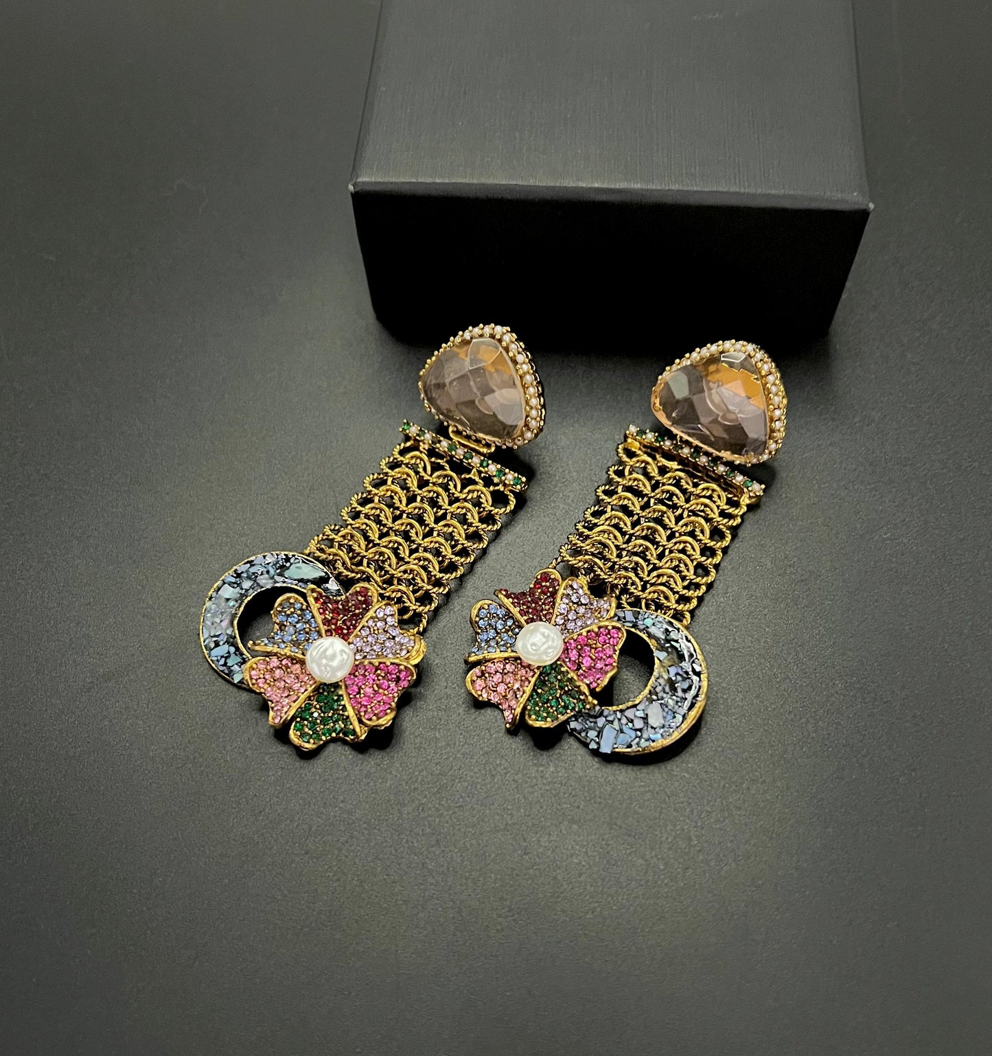 Designer Floral Earrings with Sparkling Crystals & Pearl Drop