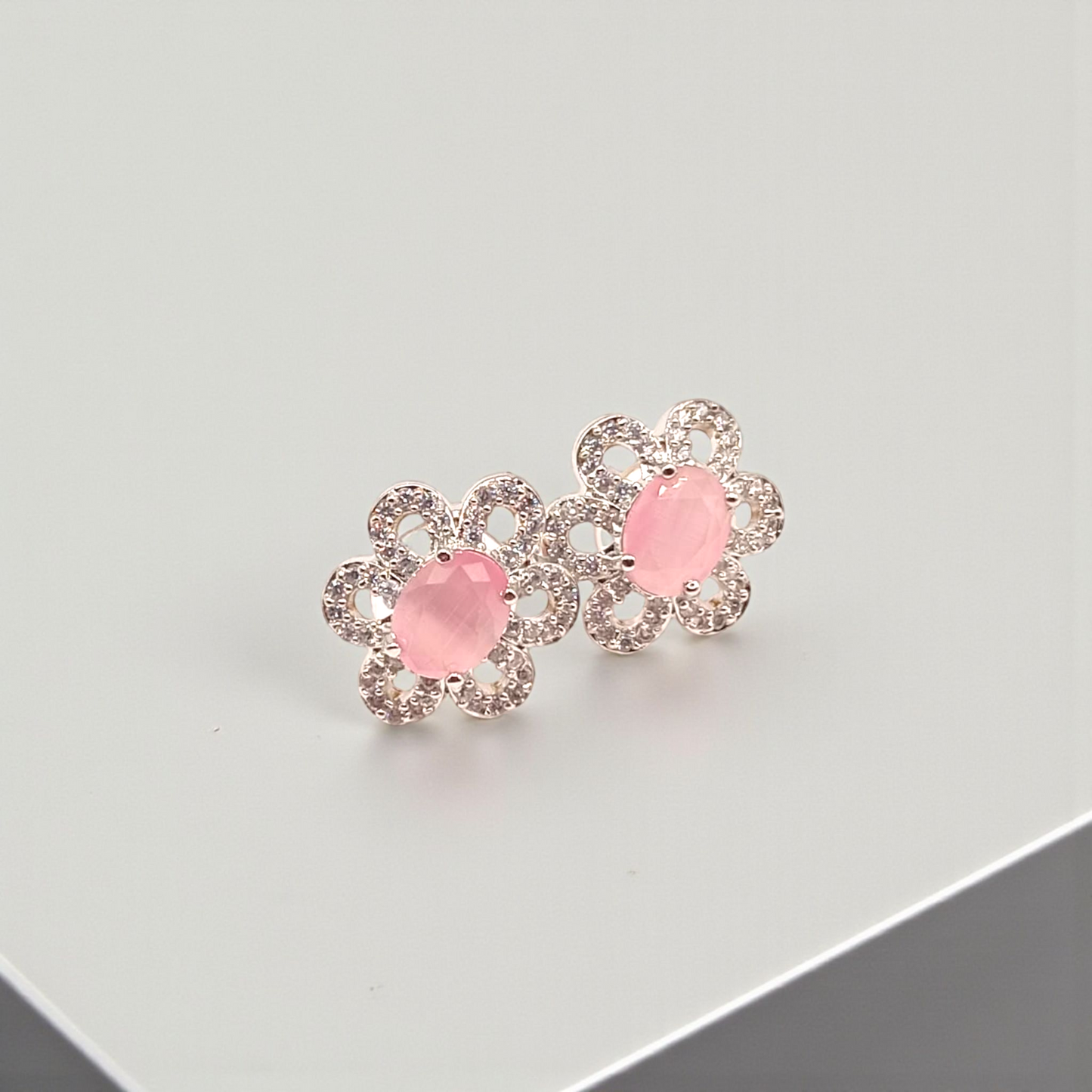 Delicate Pink Stone Floral Stud Earrings