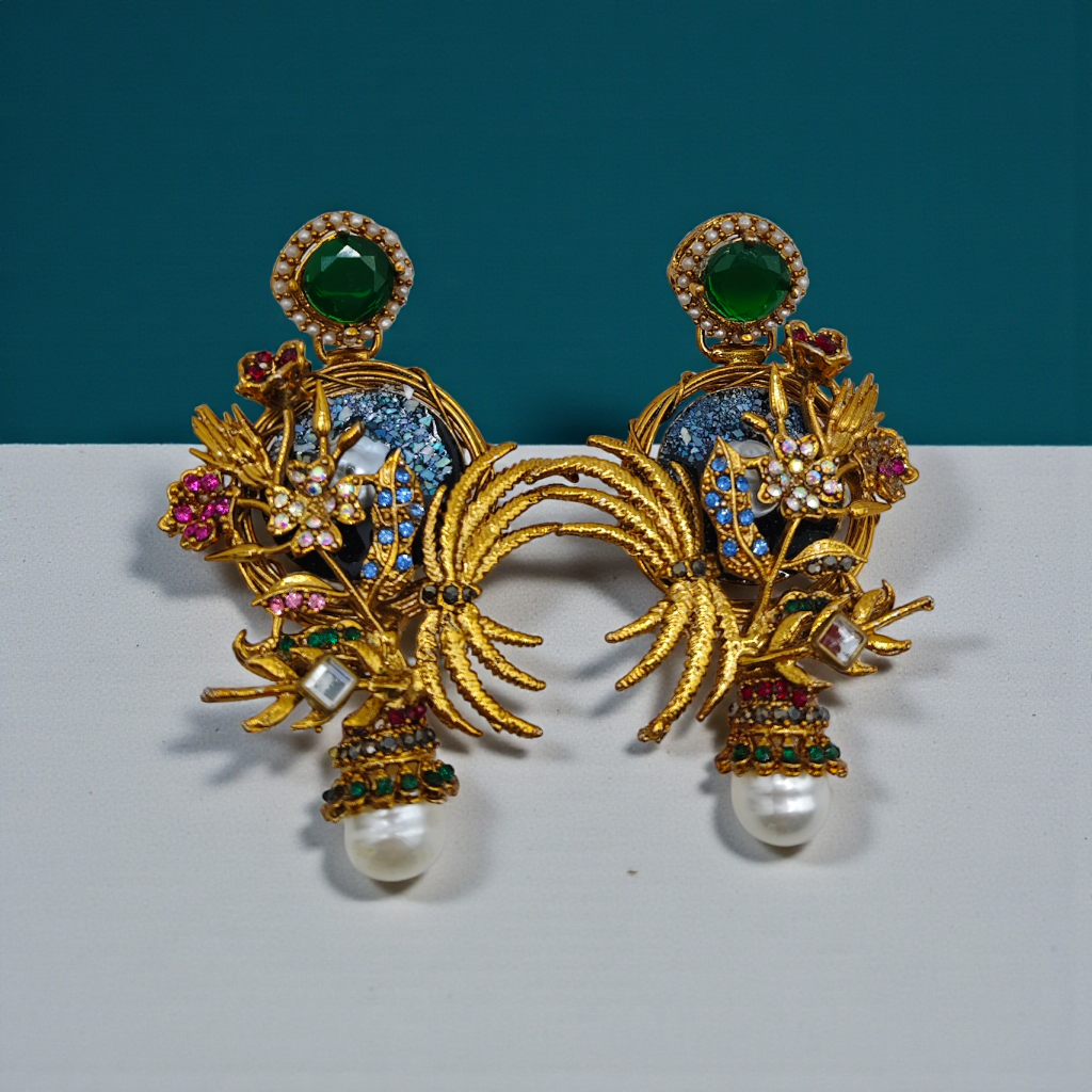 Antique Gold Peacock Pearl Drop Earrings Multicolor Statement Jewelry