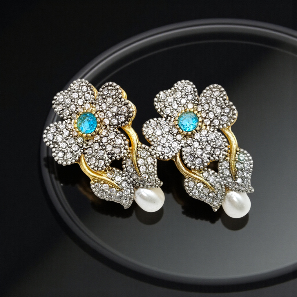 Luxury Floral Crystal Earrings with Pearl Drop – Antique Gold Finish