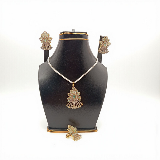 "Pearl Grace Fan Pendant Set – Mint Green Elegance with Ring"