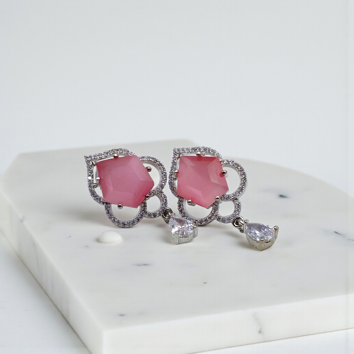 Hexagon Earrings Teal Stone Silver CZ Halo with Crystal Drop