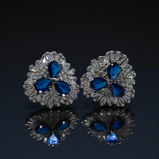 Royal Blue Crystal Floral Stud Earrings Silver Plated Statement Jewelry