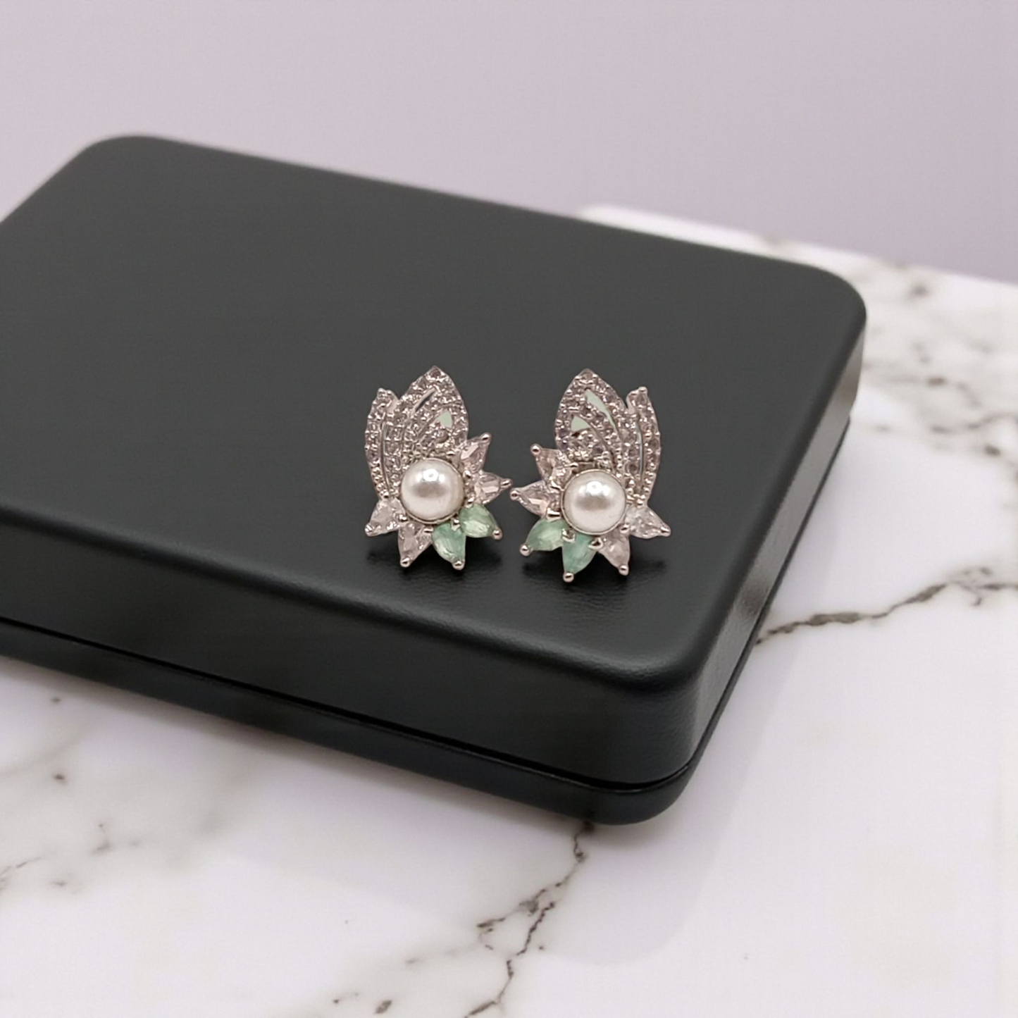 Elegant Pearl & Leaf Crystal Stud Earrings