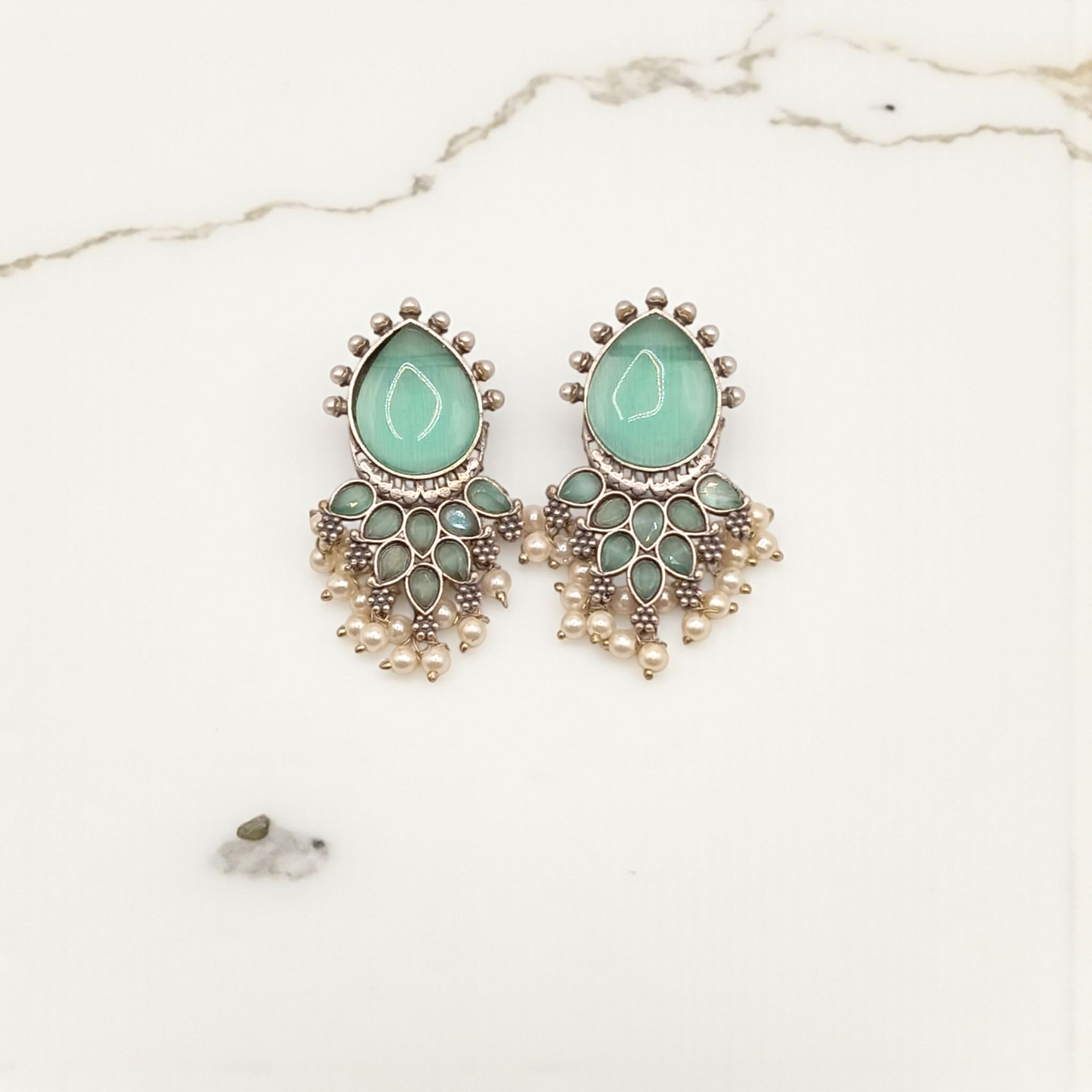 Mirror Drop Earrings with Pearl Clusters