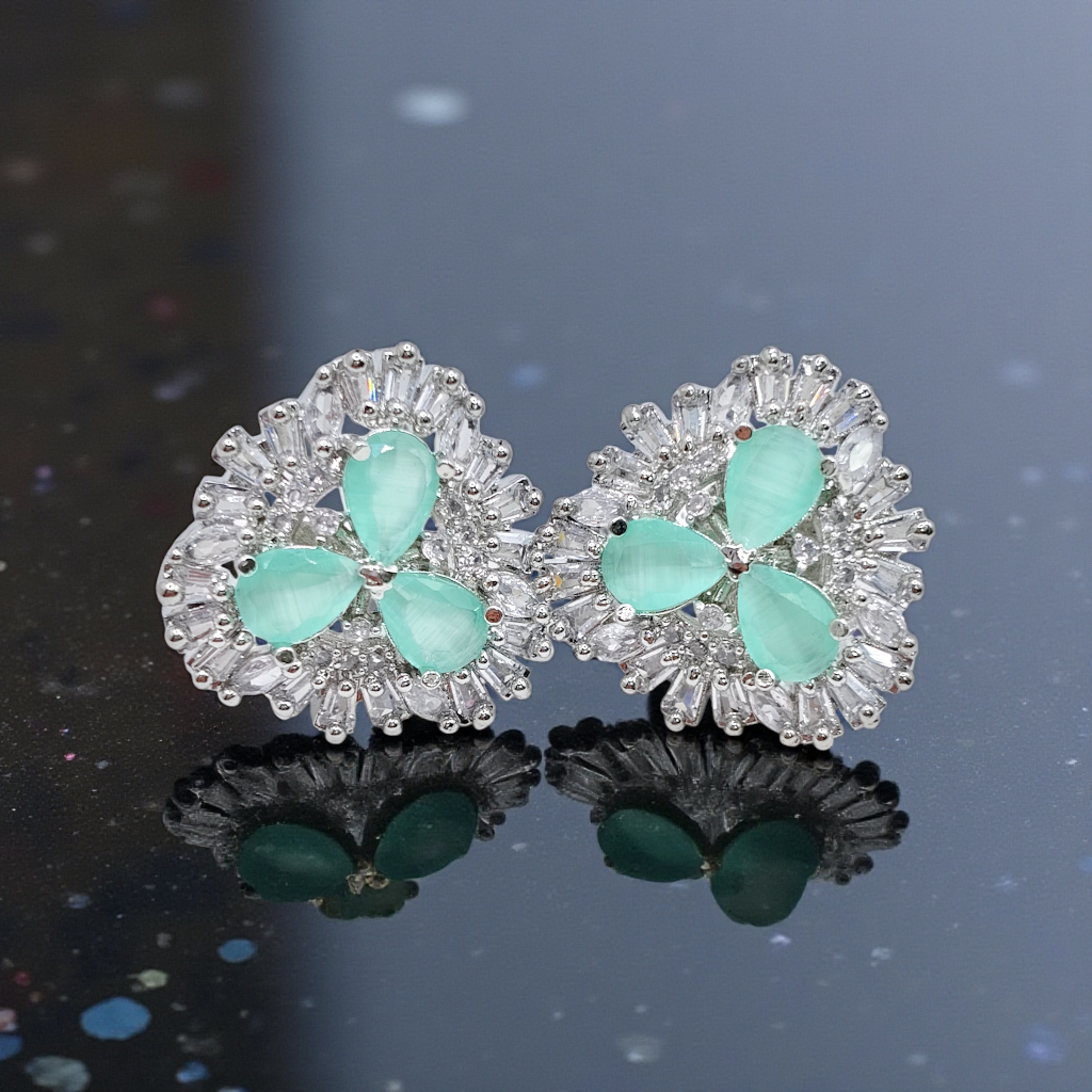 Royal Blue Crystal Floral Stud Earrings  Silver Plated Statement Jewelry