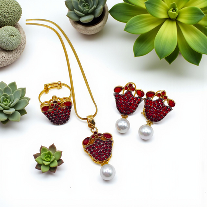 Scarlet Bloom Pendant Set Ruby Red with Pearl Drop