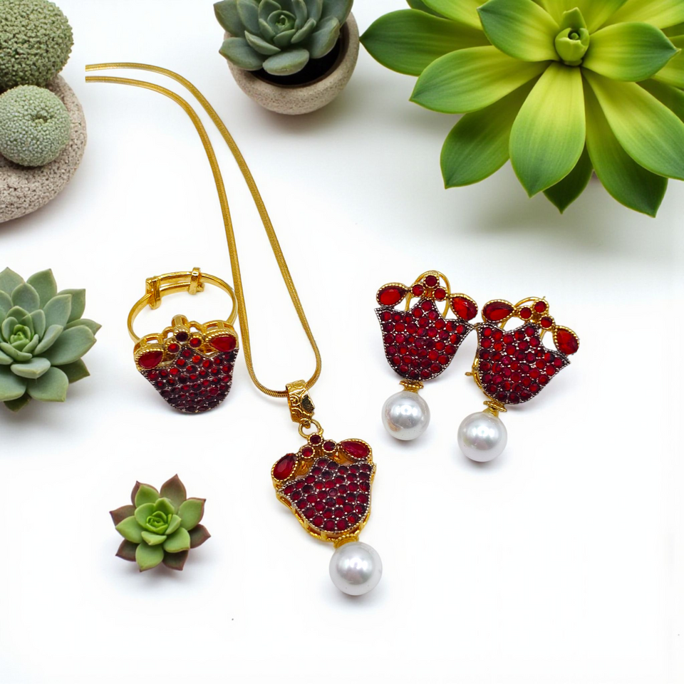 Scarlet Bloom Pendent– Ruby Red with Pearl Drop