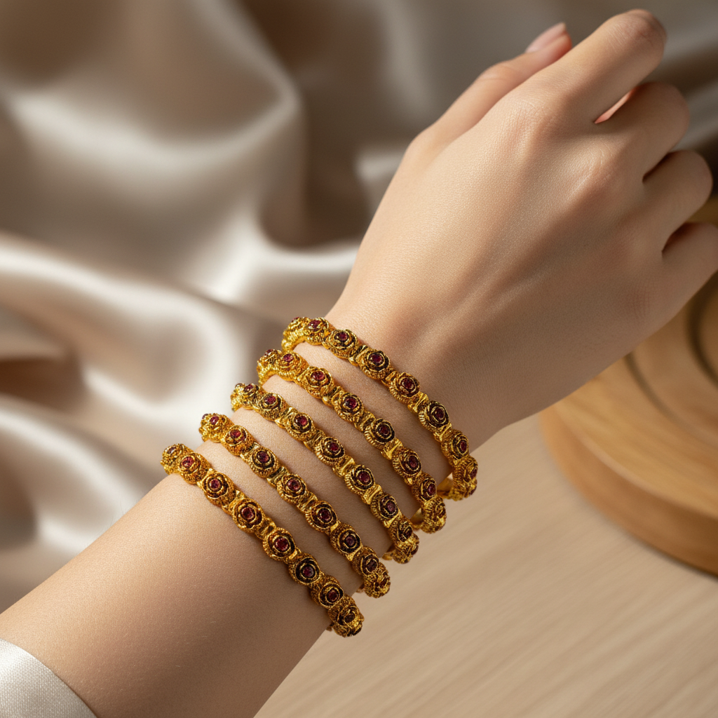 Set of gold bangles on a light surface with a potted plant in the background