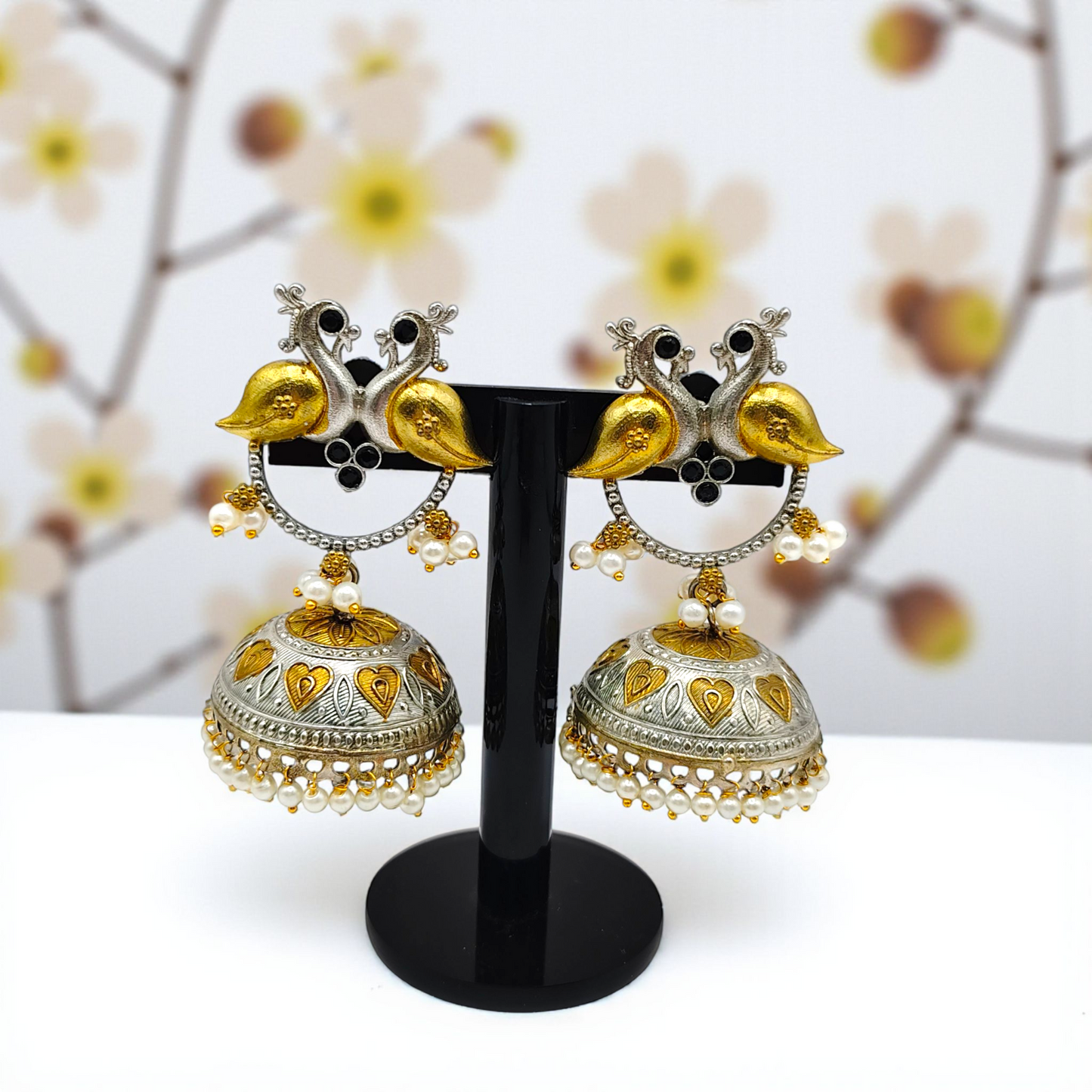 Dual-Tone Peacock Dome Jhumka Earrings – Traditional Heritage Collection
