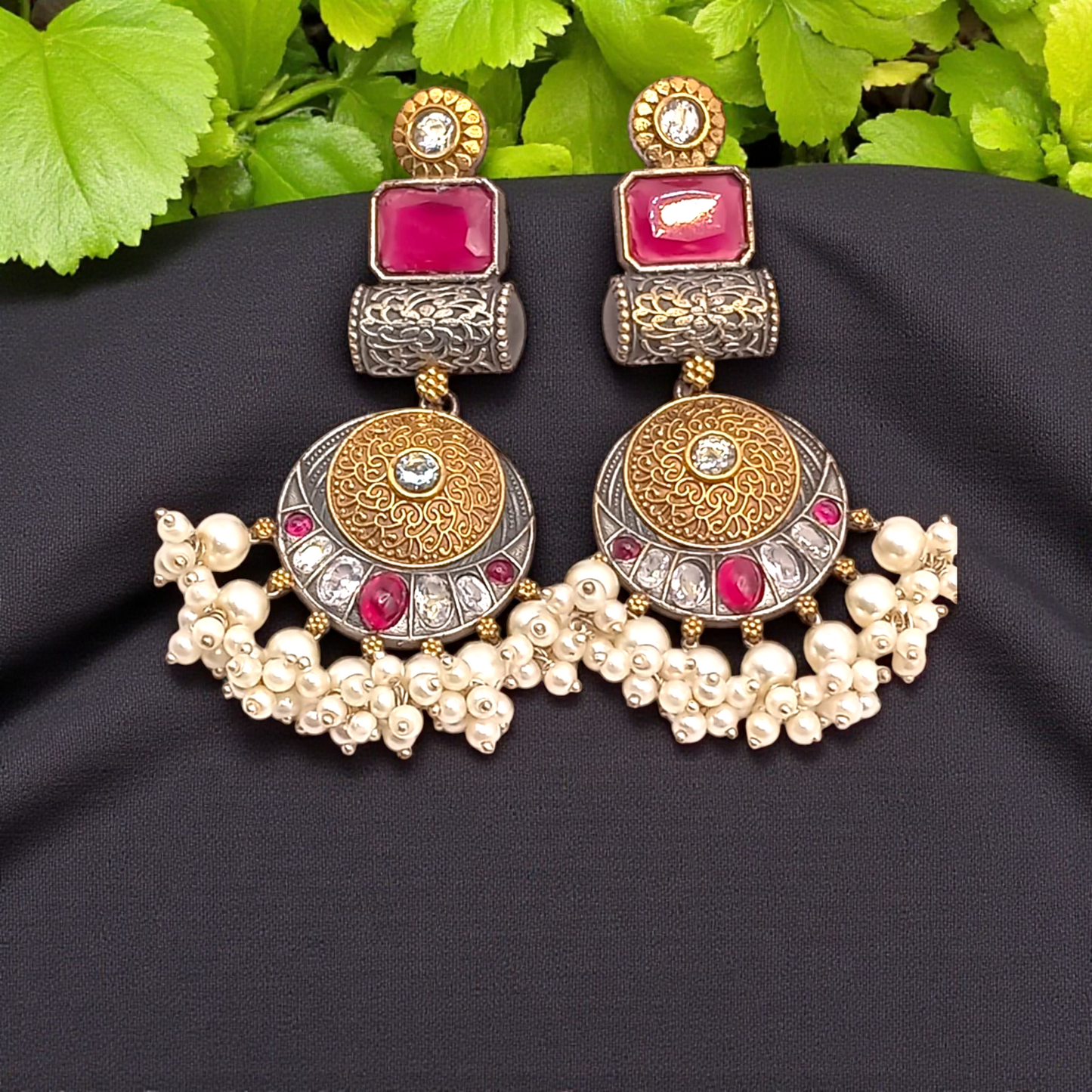 Title:
Royal Blue Stone & Pearl Antique Jhumka Earrings

Regal Ruby Stone & Pearl Antique Jhumka Earrings