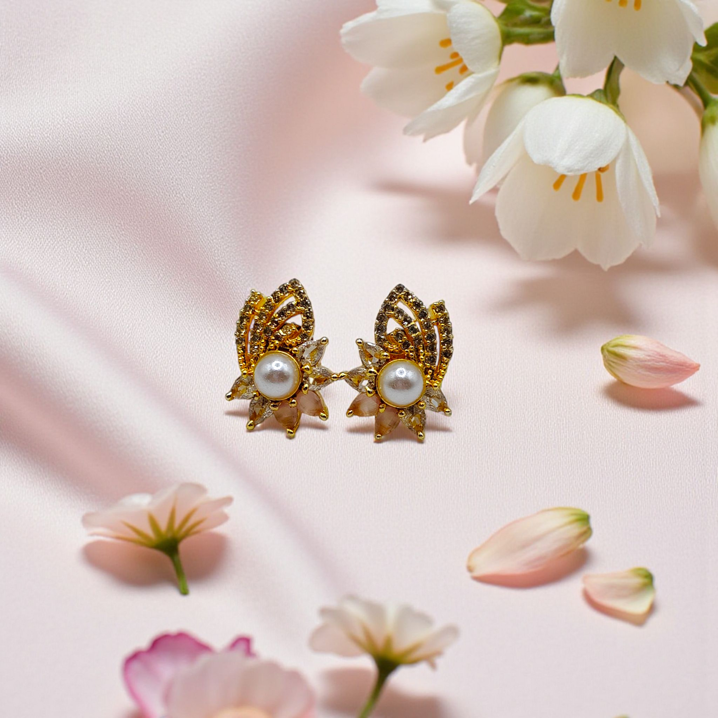 Elegant Pearl & Leaf Crystal Stud Earrings