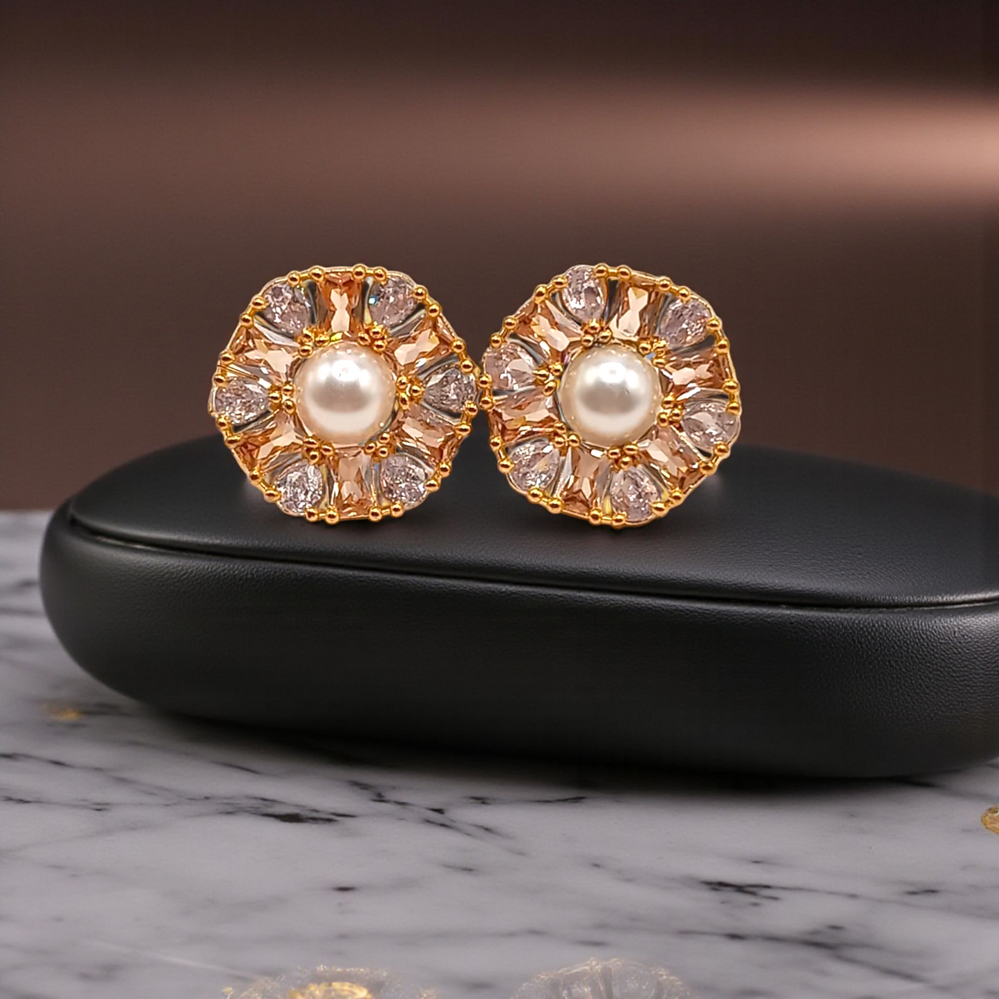 Elegant Pearl Center Stud Earrings with Crystal Halo
