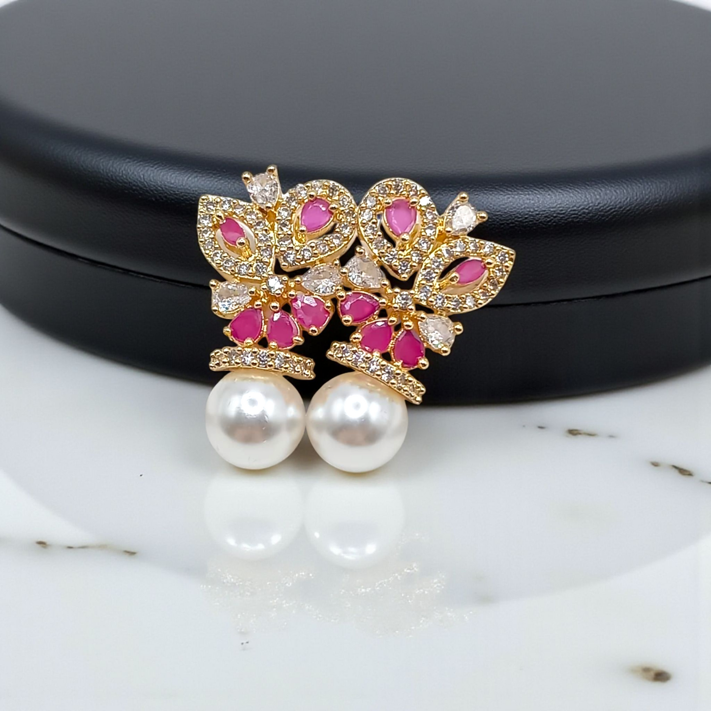 Gold Floral Ruby & Crystal Earrings with Pearl Drop