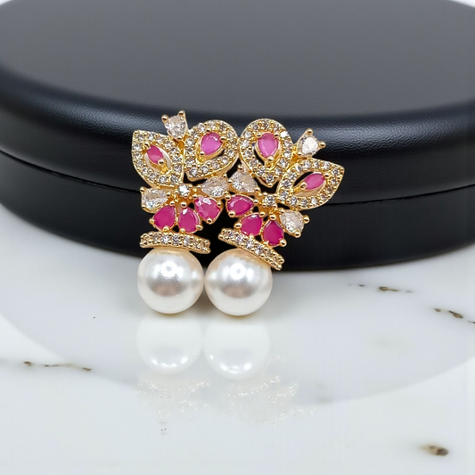 Gold Floral Ruby & Crystal Earrings with Pearl Drop
