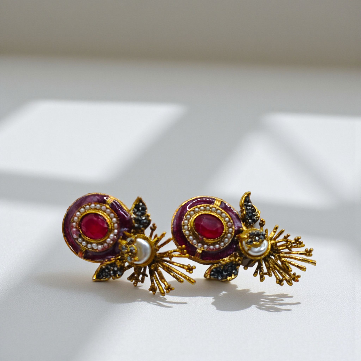 Emerald Enamel Stud Earrings with Pearl & Gold Detailing – Luxury Statement Earrings