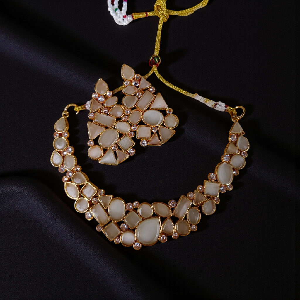 Kundan-Style Statement Necklace Set with Off-White Stones & Matching Earrings