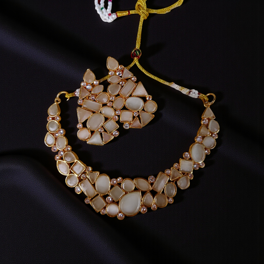 Kundan-Style Statement Necklace Set with Off-White Stones & Matching Earrings