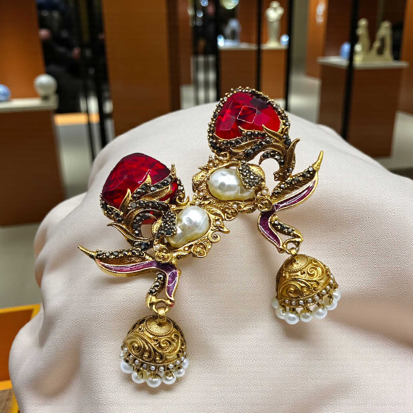 Luxurious Kundan & Enamel Statement Jhumka Earrings – Multi-Color, Pearl Drops, Festive Wear Jewelry