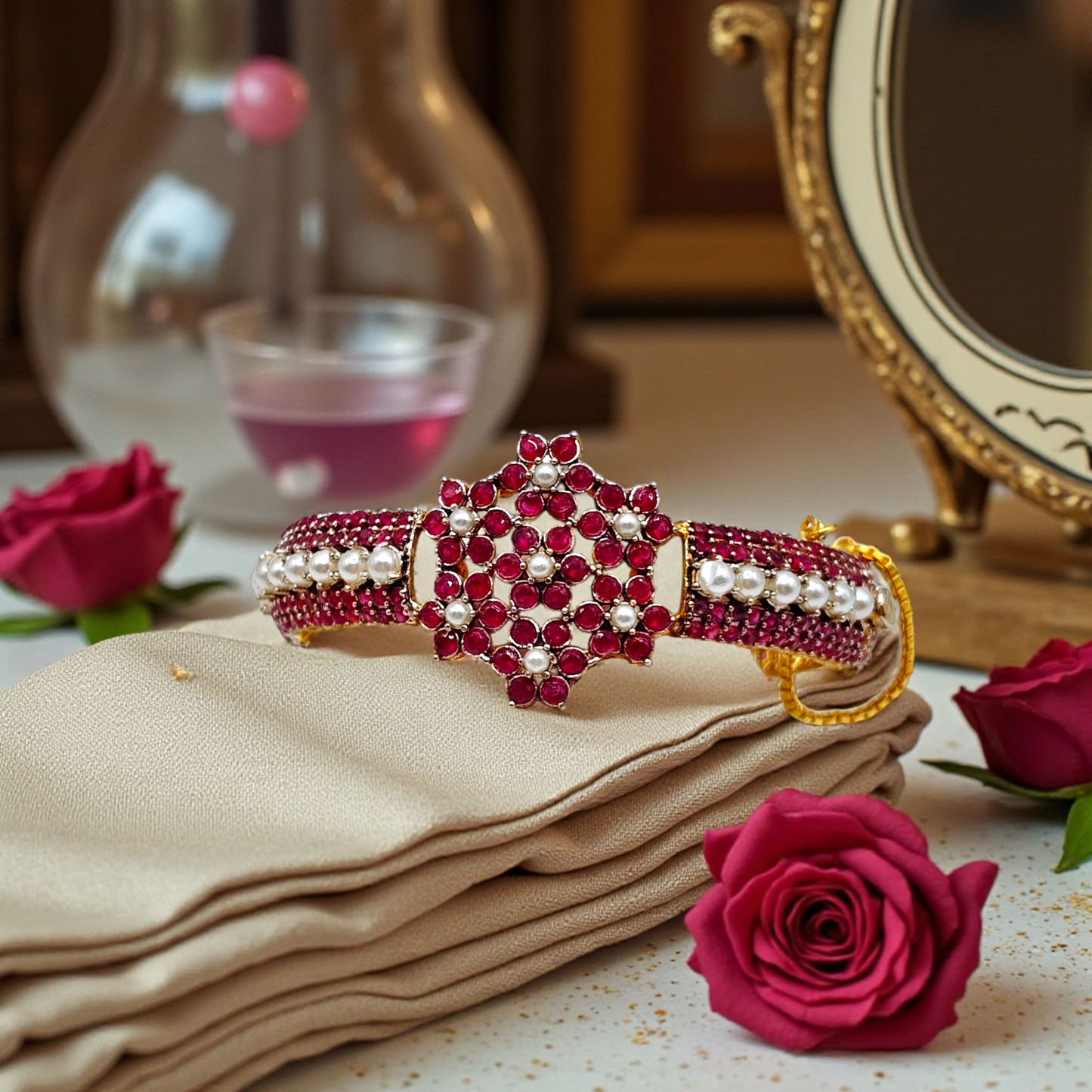 Elegant Stone & Pearl Bracelet – Premium Crystal Bangle (Green/Red/Purple)