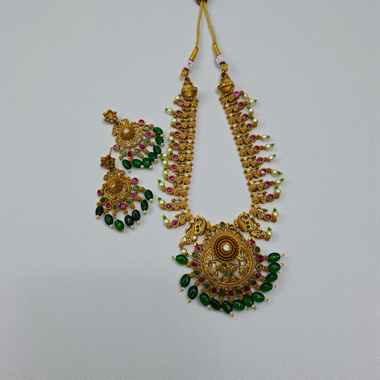 Traditional Gold-Tone Mala Necklace Set with Green Beads & Matching Earrings