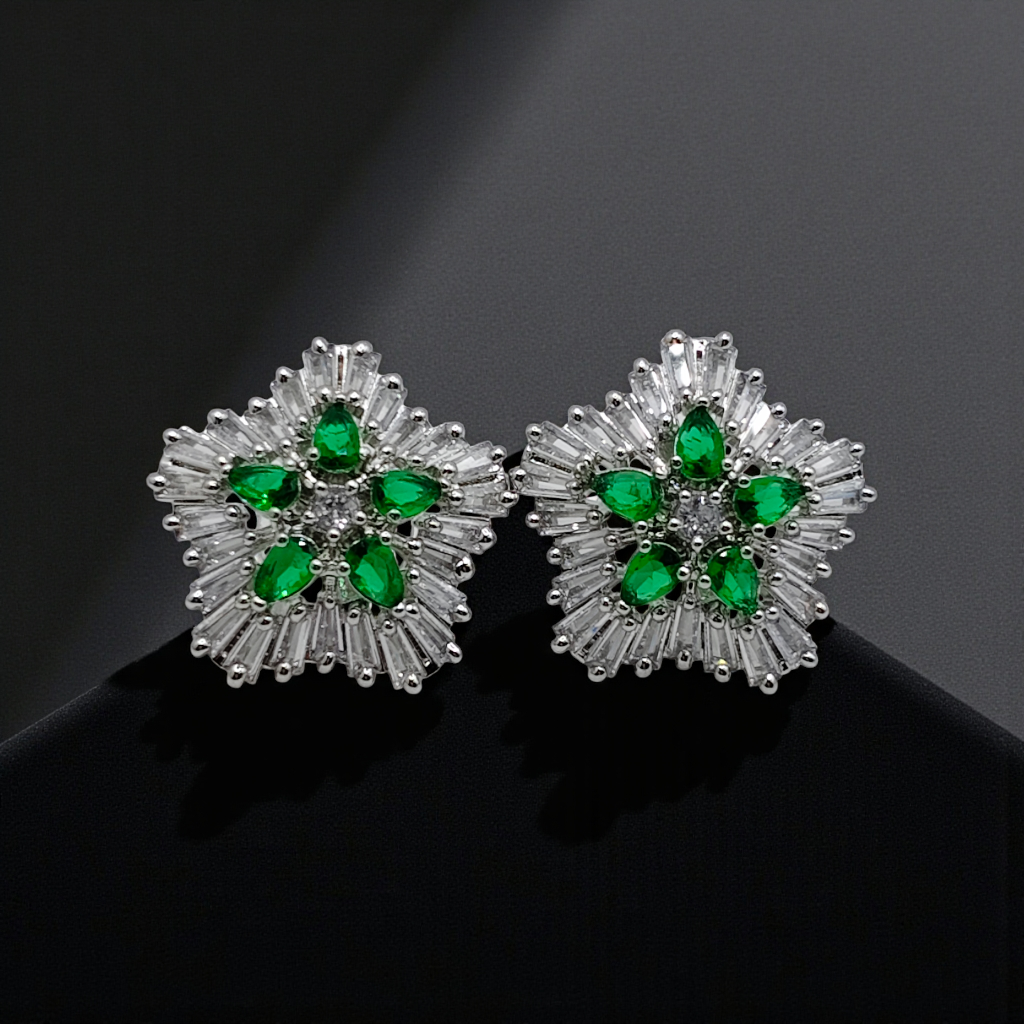 Crystal Floral Stud Earrings Silver Plated Statement Jewelry