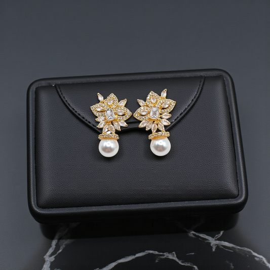 Gold Crystal Floral Earrings with Pearl Drop