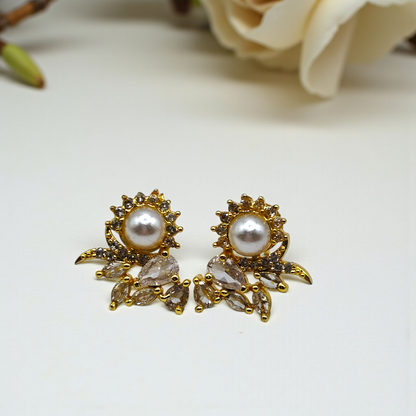 Pearl & Green Stone Floral Stud Earrings