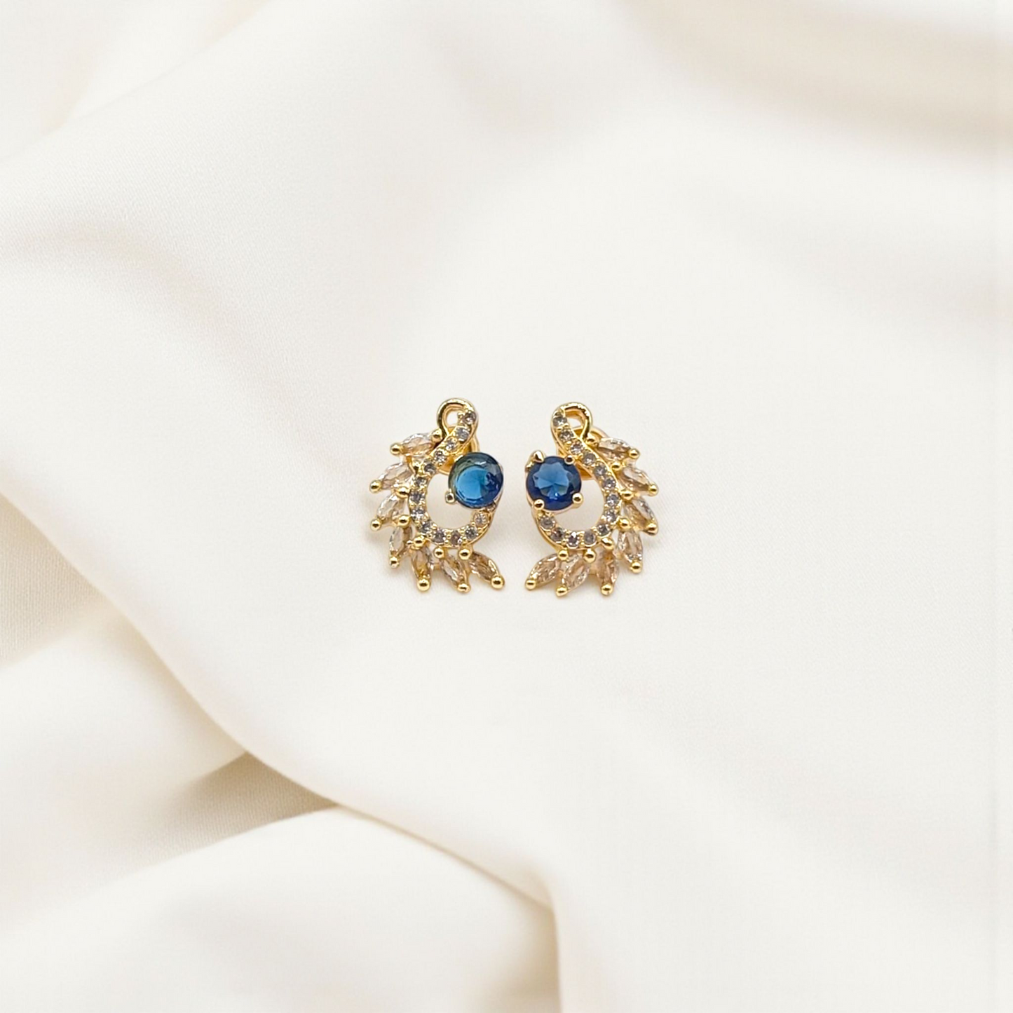Gold Plated Leaf Wreath Earrings with Purple And Blue Stone Center