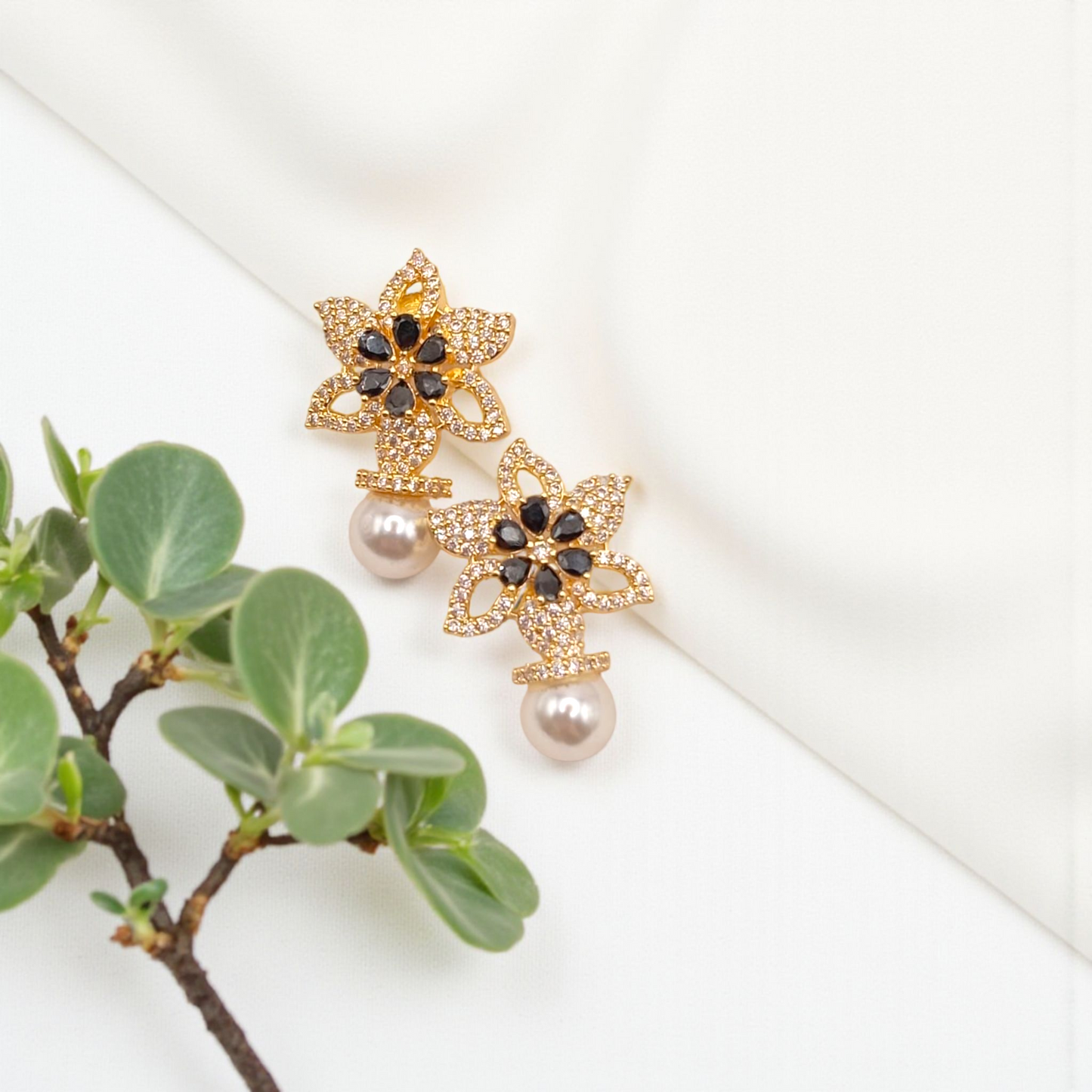 Floral Crystal Studs with Pearl Drop