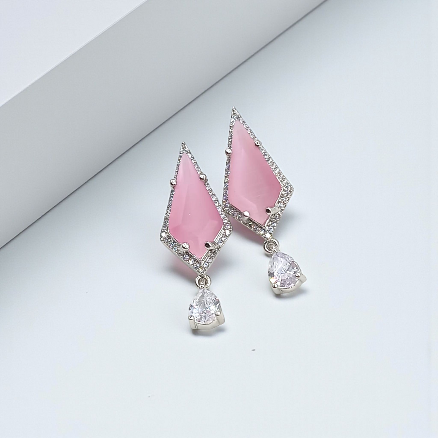 Geometric Aqua Stone Drop and Pink Geometric Stone Drop Earrings with Crystal Accent