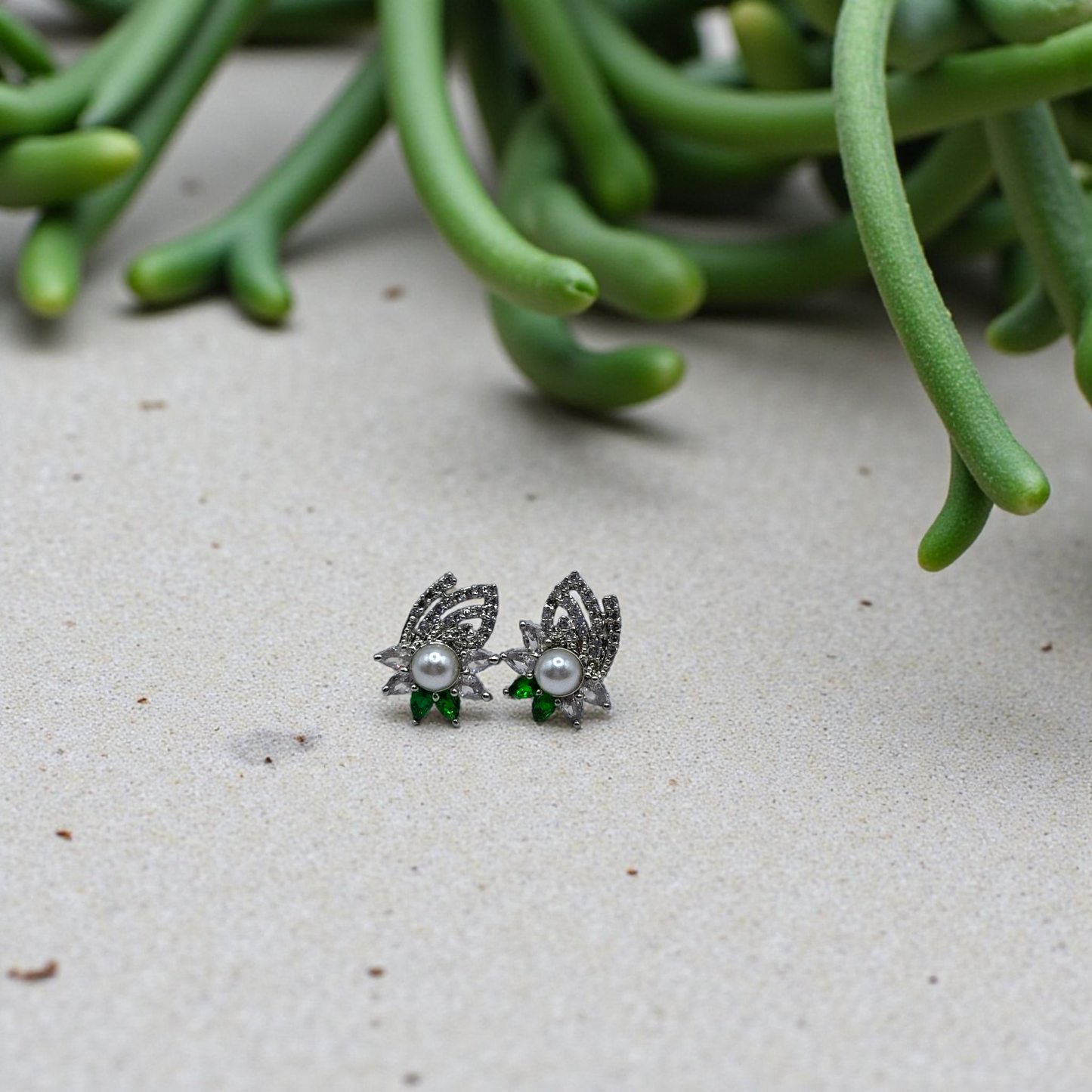 Elegant Pearl & Leaf Crystal Stud Earrings