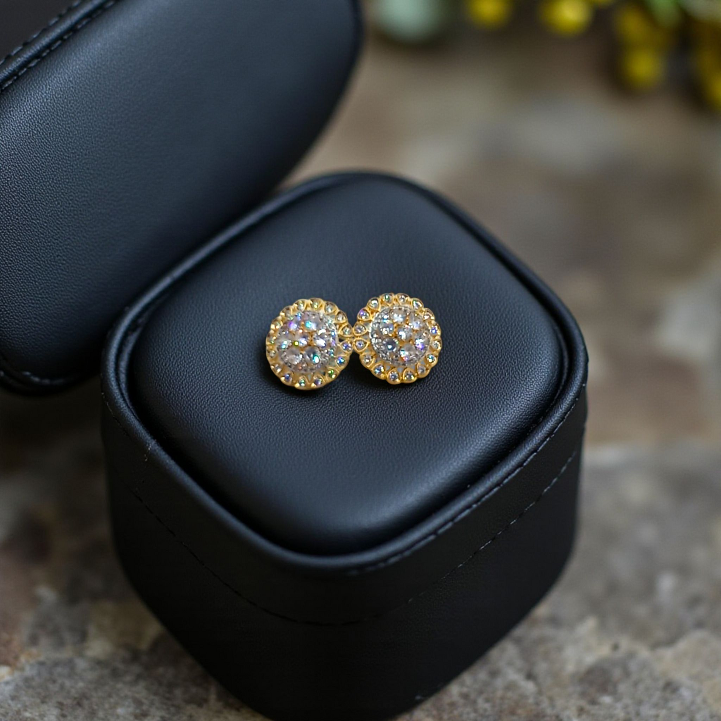 Gold Round Stud Earrings with Black and Clear Stones