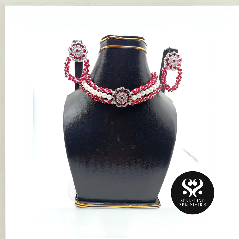 "Ruby Bloom Pearl Chokar – Handmade Elegance"
