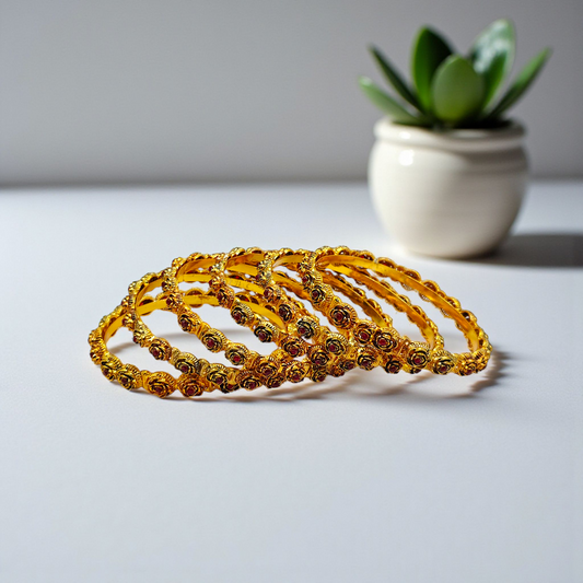 Antique Rose Bangle Set Gold Plated Ruby Crystal Floral Bangles (Set of 6)