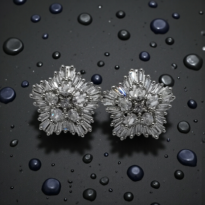 Crystal Floral Stud Earrings Silver Plated Statement Jewelry