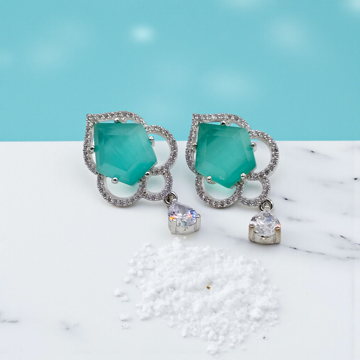 Hexagon Earrings  Teal Stone Silver CZ Halo with Crystal Drop