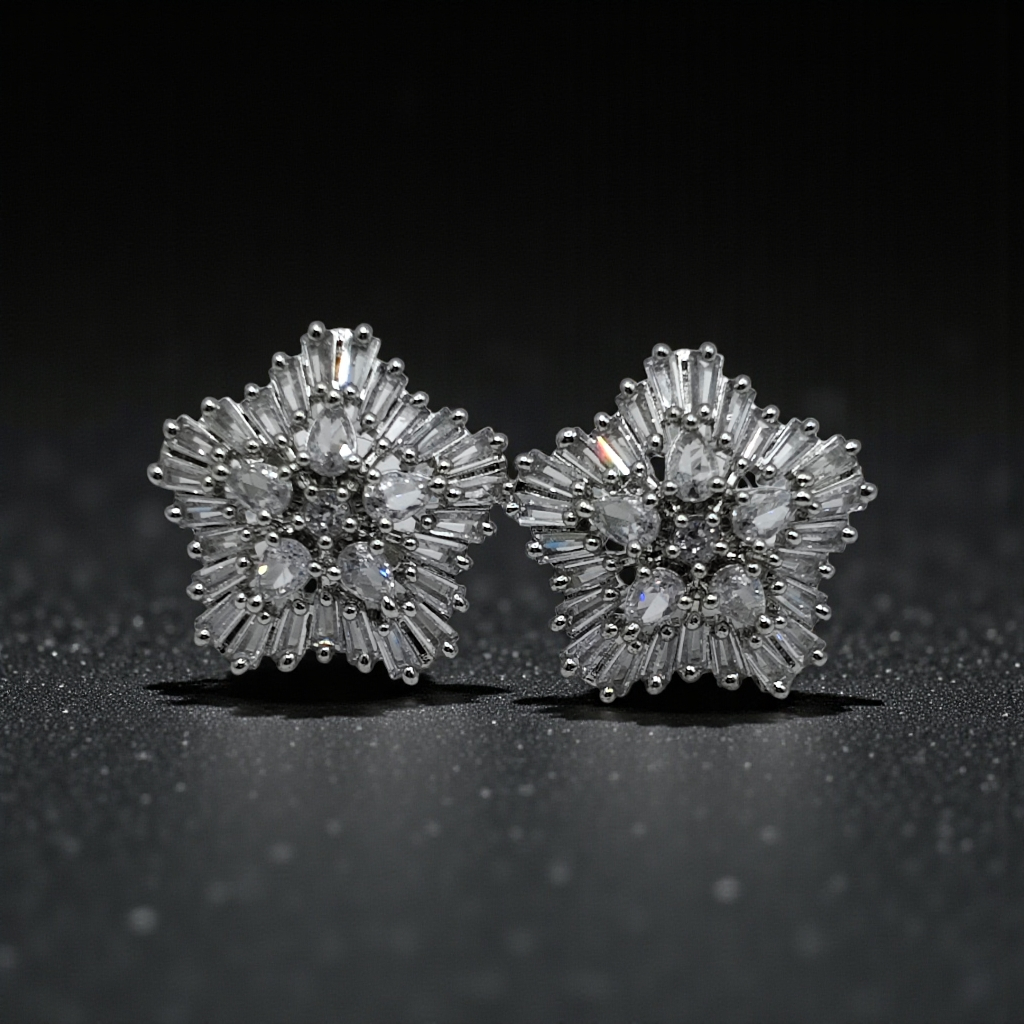 Crystal Floral Stud Earrings Silver Plated Statement Jewelry