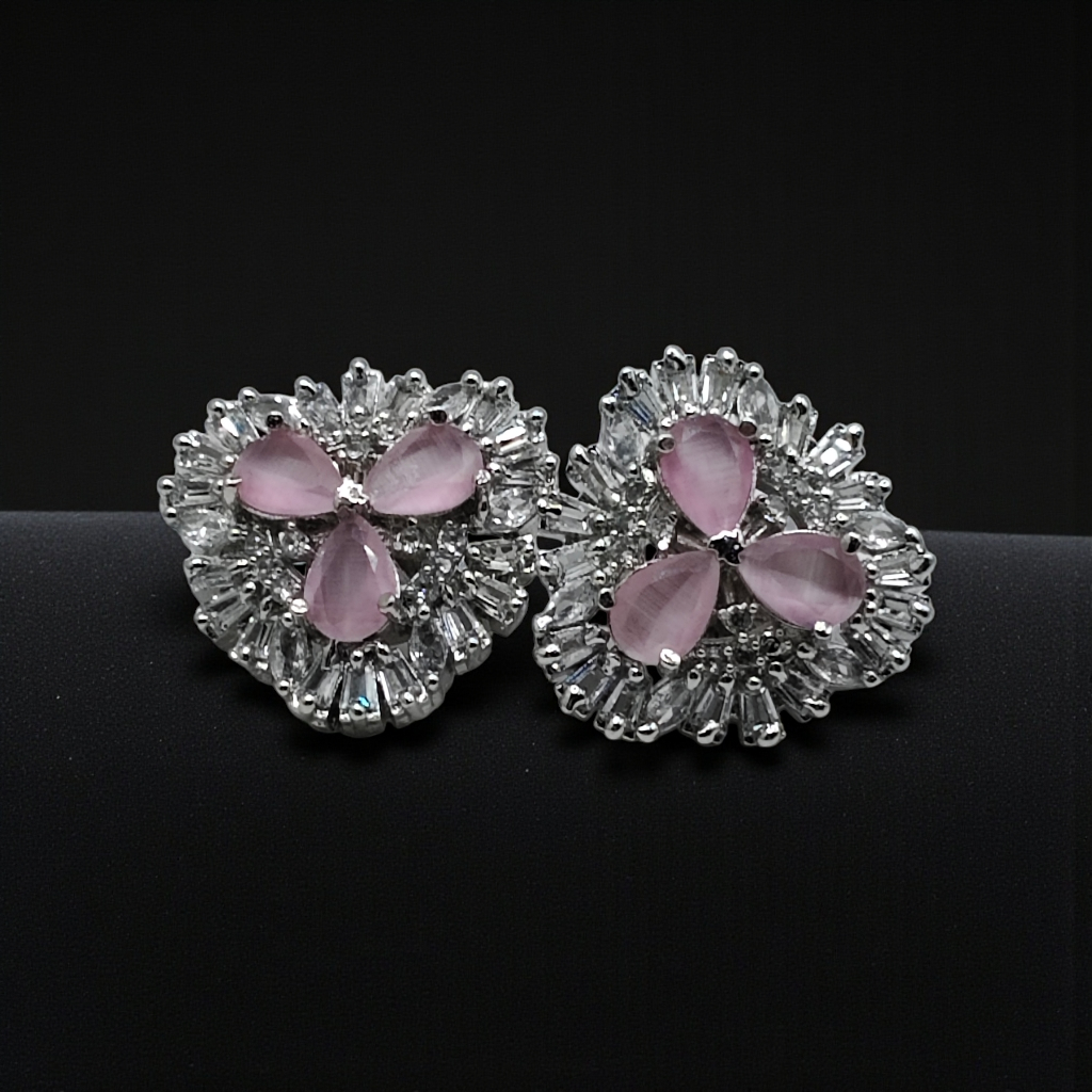 Royal Blue Crystal Floral Stud Earrings  Silver Plated Statement Jewelry